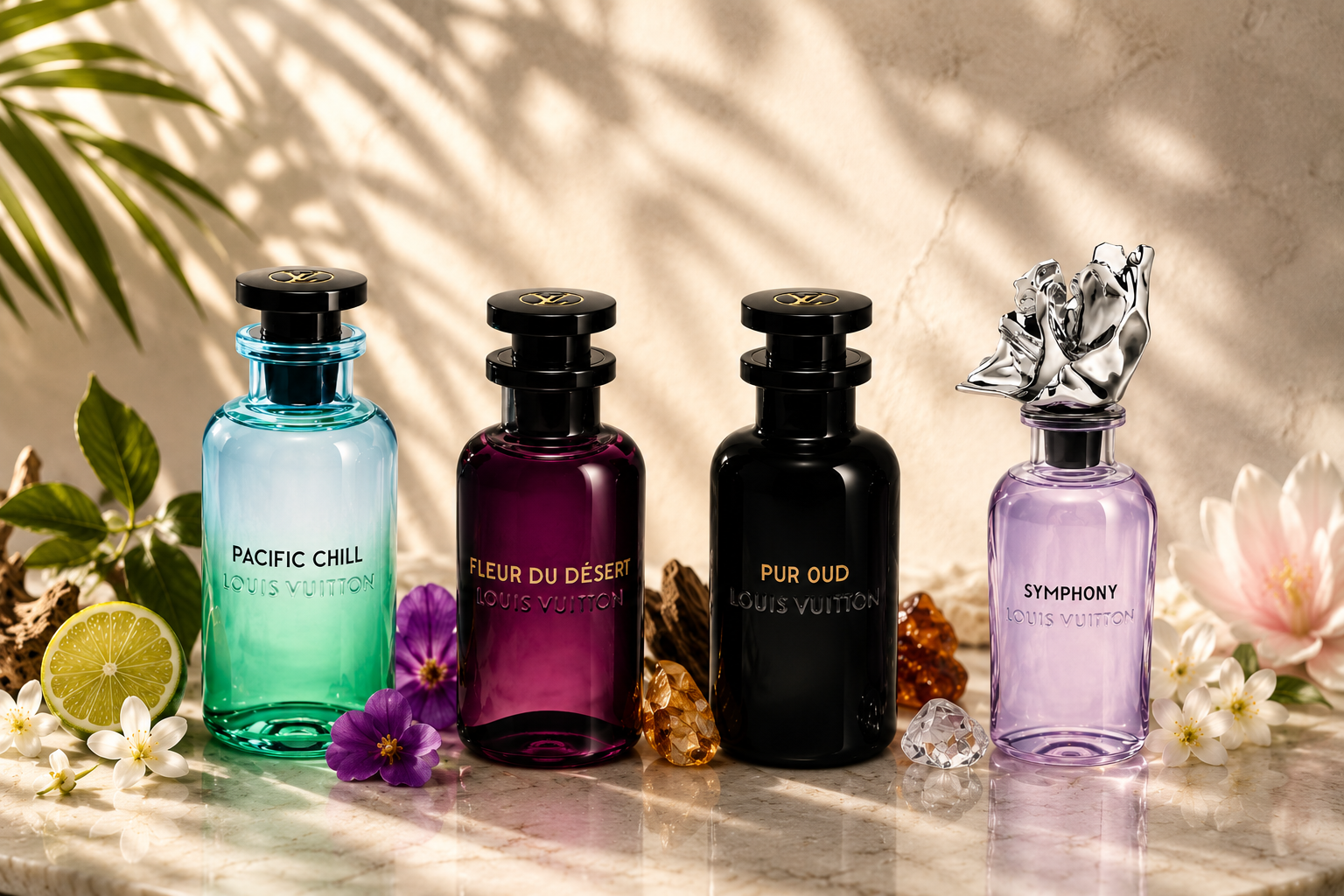 Louis Vuitton perfume bottles - Pacific Chill, Fleur du Desert, Pur Oud, Symphony